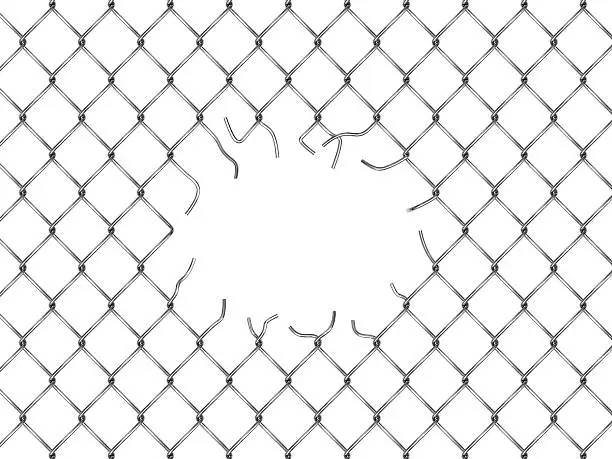 Hole in fence from silver mesh isolated on white background
