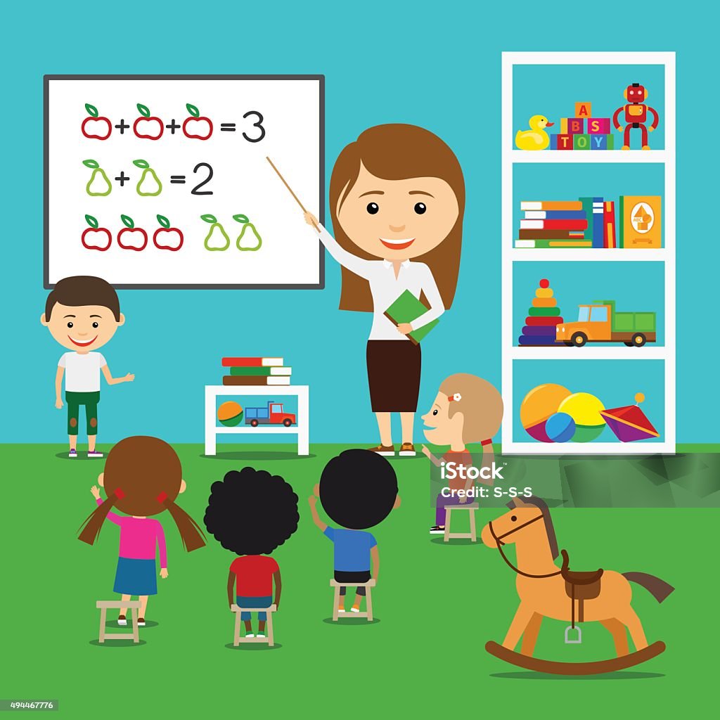 Teacher teaching kids Teacher teaching kids in kindergarten. Vector preschool educational concept Classroom stock vector