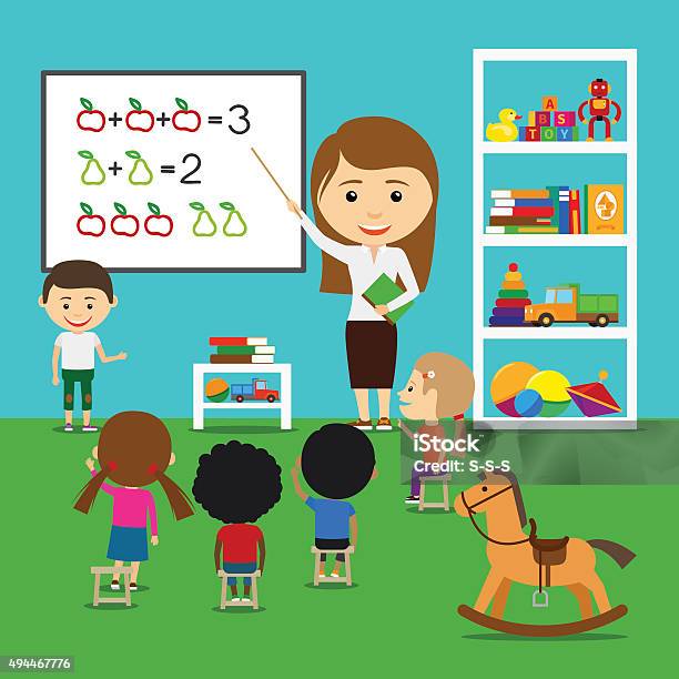 Teacher Teaching Kids Stock Illustration - Download Image Now - Classroom, Preschool, 2015