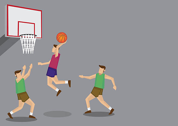 Basketball Players Slam Dunk Shot Vector Illustration Three basketball players with one jumping high for a slam dunk shot. Vector cartoon illustration isolated on grey background. shooting guard stock illustrations