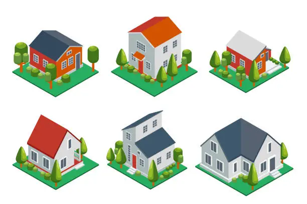 Vector illustration of Isometric 3d private house, rural buildings and cottages icons set