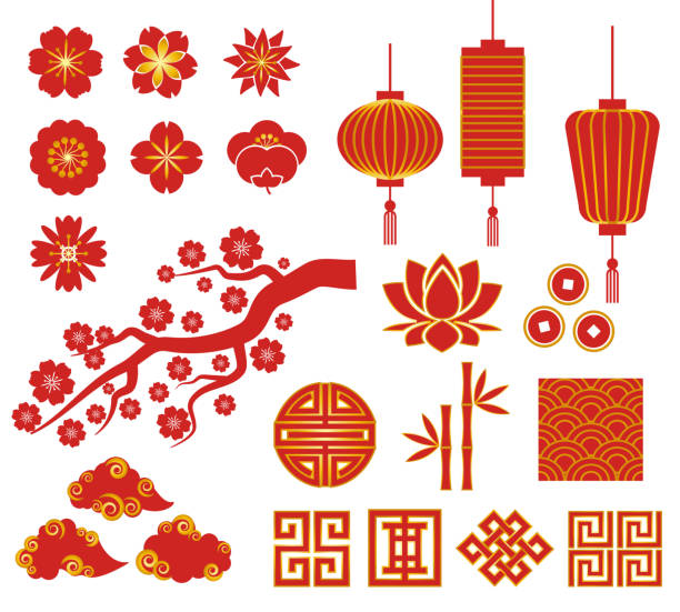 chinesische, koreanische und japanische symbole für das chinesische neujahr - chinesische laterne stock-grafiken, -clipart, -cartoons und -symbole