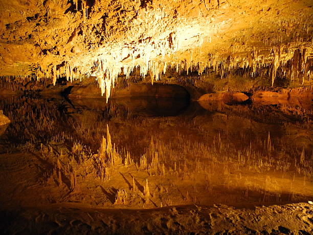 This photo was taken a reflection between a small pool and stalagmites under the cave that is located underground deep than 1000 feet. It is in Ruby fall cave, Tennessee, 2014.