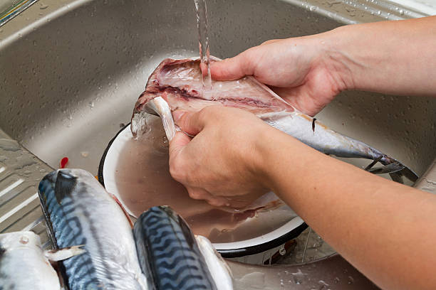 istock Woman chef cleans fish mackerel in water 494472780