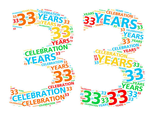 Colorful word cloud for 33 year birthday or anniversary A word cloud in the shape of the number 33 for celebrating a thirty-three year achievement. number 33 stock pictures, royalty-free photos & images