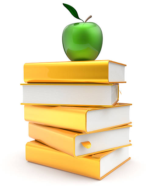 istock Books stack golden yellow textbook covers green apple icon 494473616