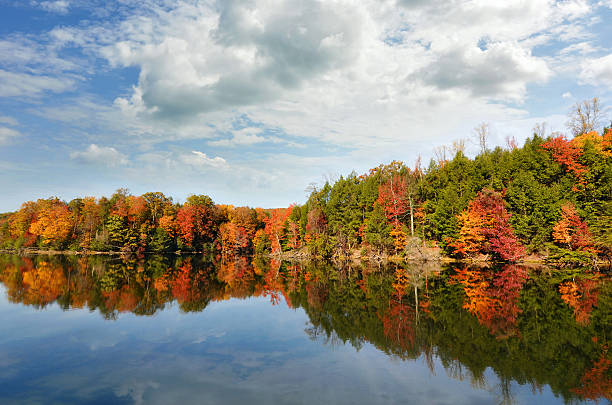 istock Beautiful autumn lake reflecting red fall colors in clear water 494474100