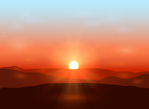 Beautiful dawn with shining sun in the mountains, illustration.