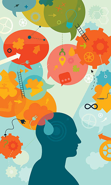 Intellectual Mind Vertical vector illustration is showing a thinking person. The man silhouette is placed into the lower part of the illustration. Upper part is filled with different elements which are showing different processes and approaches while solving a problem. We can see the electric bulb a metaphor/symbol for new idea; puzzles for looking the right parts; ladders for improvement; gears and wheels for thinking; speech bubbles for different thoughts/ideas; arrows for directions of thinking; question mark for questioning and self verification; connectors for integration, water pipe for knowledge ect. We can also see the mathematical sign for eternity or infinity, in this case a metaphor for something that seems like it will go on for forever. Illustration is vibrant and eye catching and also nicely layered. question mark people one person silhouette stock illustrations