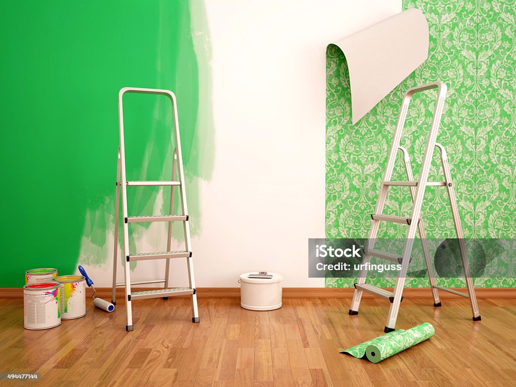 3 d illustration de peinture de couleur et de tapisserie dans le mur vert - Photo de Papier peint libre de droits