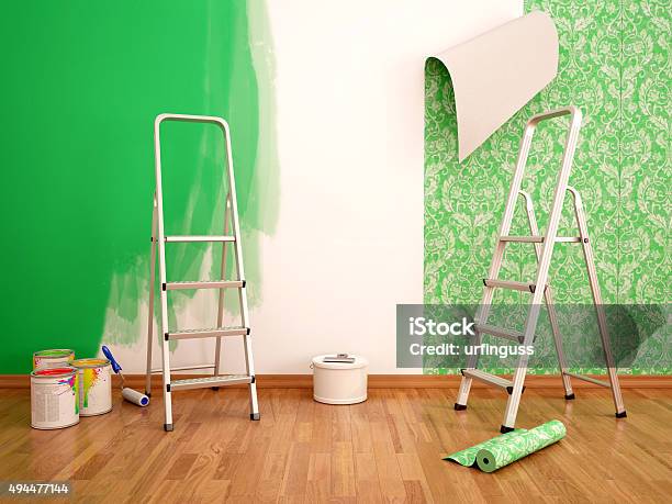 Photo libre de droit de 3 D Illustration De Peinture De Couleur Et De Tapisserie Dans Le Mur Vert banque d'images et plus d'images libres de droit de Papier peint