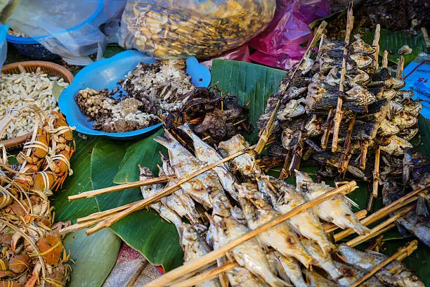 Honeybee larvae, freshwater crabs, silkworm chrysalis, grilled frogs and fish on display at Luang Prabang morning street market in Laos.