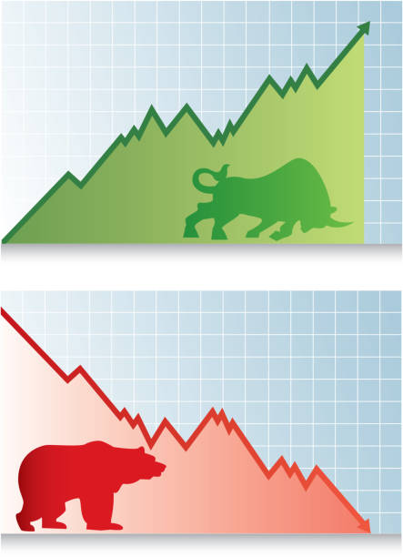 ilustrações, clipart, desenhos animados e ícones de bull and bear mercado de mercado - nasdaq dow jones industrial average moving down falling