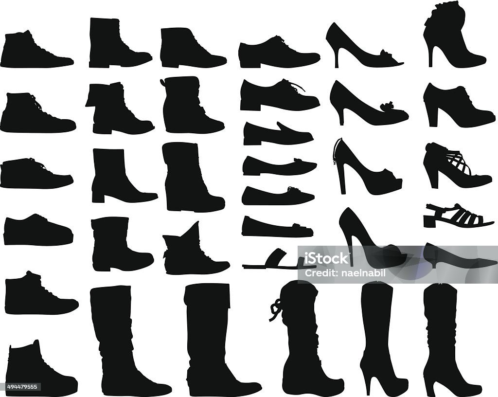 Women Shoes High detailed Silhouettes of Women shoes, heels, high heels, sport shoes & boots in black on white background. Shoe stock vector