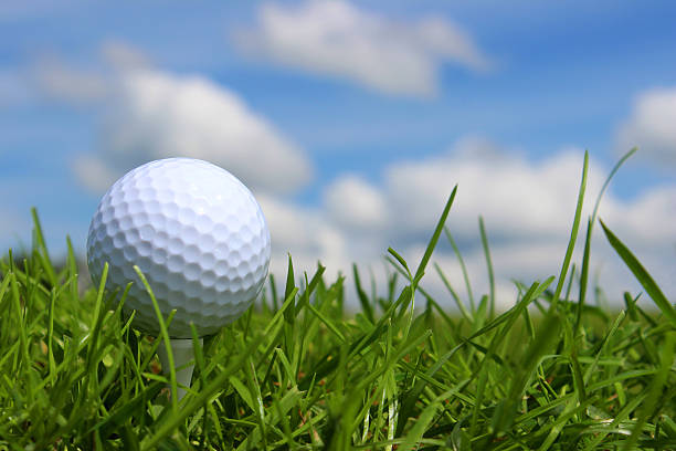 istock Close-up golf ball in grass on golf course, blue sky 494480505