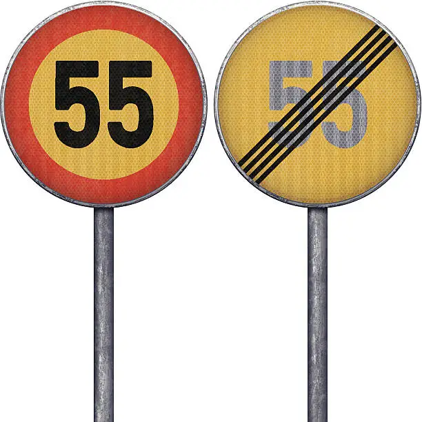 Vector illustration of Two yellow and red maximum speed limit 55 road signs