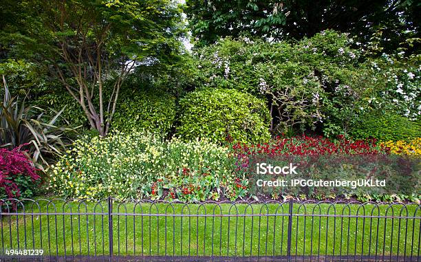 Cama Con Flores Y Césped Detrás De Pequeñas Valla Foto de stock y más banco de imágenes de Aire libre - Aire libre, Arreglo floral, Belleza de la naturaleza