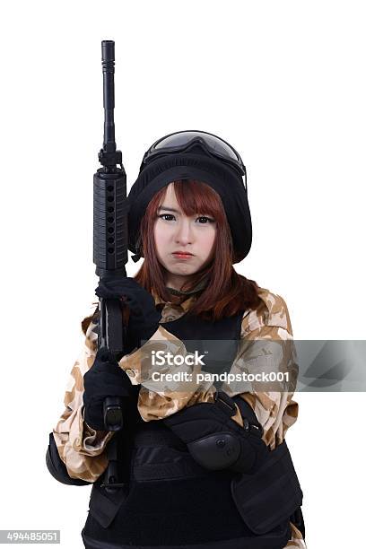 Female Soldiers In Combat Suit Holding Rifle Stock Photo - Download Image Now - Adult, Aiming, Armed Forces