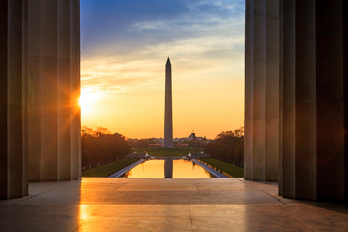 Sunrise from Lincoln Memorial with Washington Monument