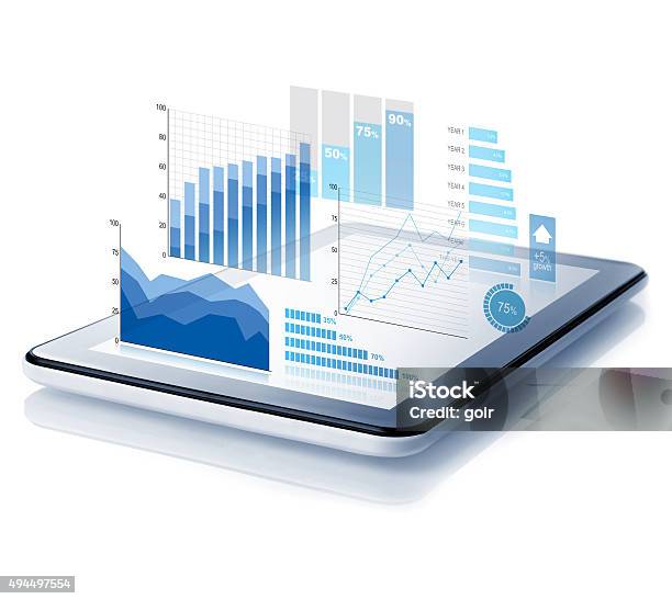 Diagrams Projecting From Tablet Stock Photo - Download Image Now - Data, Finance, White Background