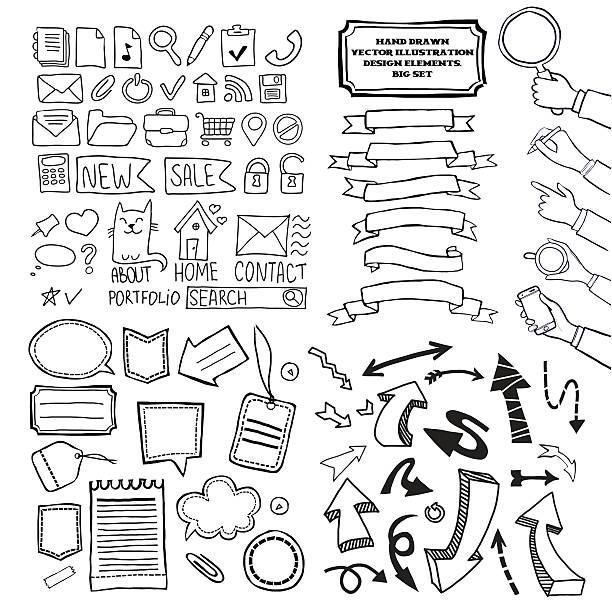 kreskówka wektor bazgroły elementy projektu zestaw. - frame human hand sketching doodle stock illustrations