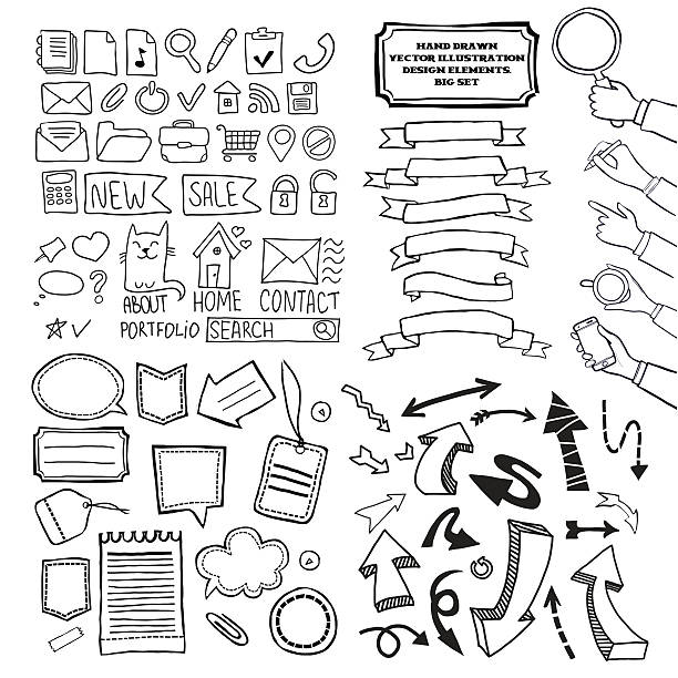 мультяшный вектор doodle набор элементов дизайна. - frame human hand sketching doodle stock illustrations