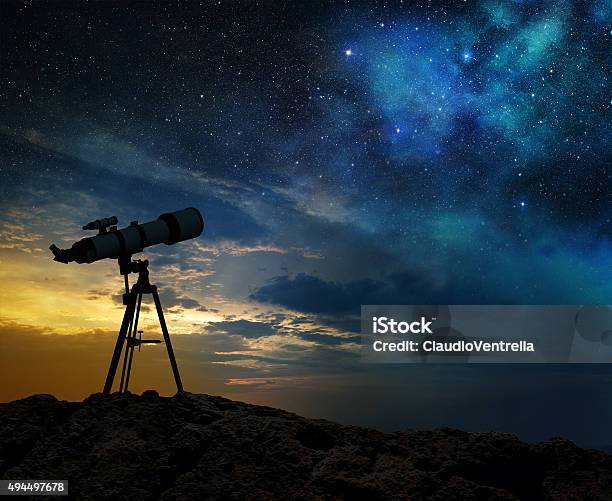 Milky Way At Dawn And Silhouette Of A Telescope Stock Photo - Download Image Now - Telescope, Astronomy, Star - Space