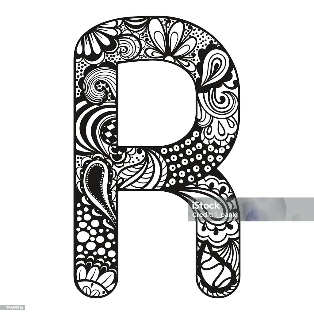 Alphabet. Lace letter R in doodle style. Hand Alphabet. Lace letter R in doodle style. Hand drawn sketch font, vector illustration for tattoos, makhendas or decoration. 2015 stock vector