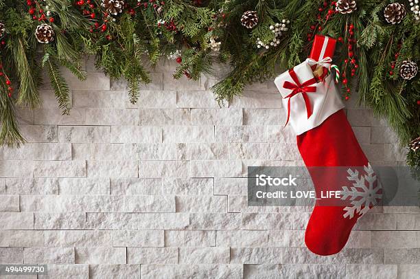 Christmas Stocking Stock Photo - Download Image Now - Christmas Stocking, Fireplace, Christmas