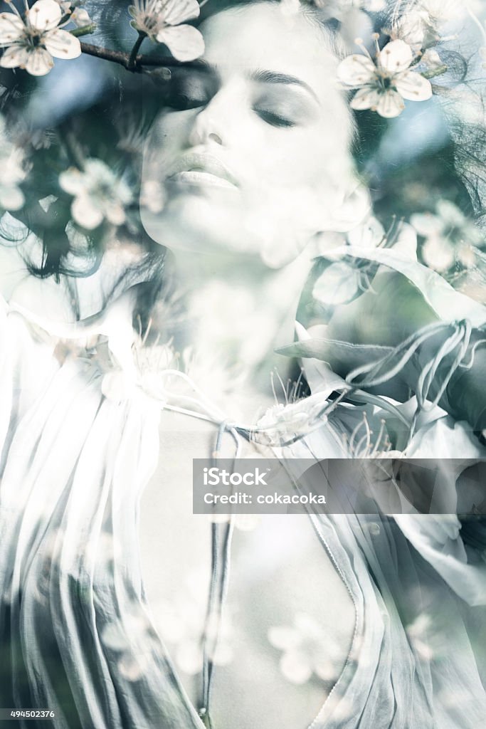 double exposure woman beautiful young  woman portrait, double exposure 2015 Stock Photo