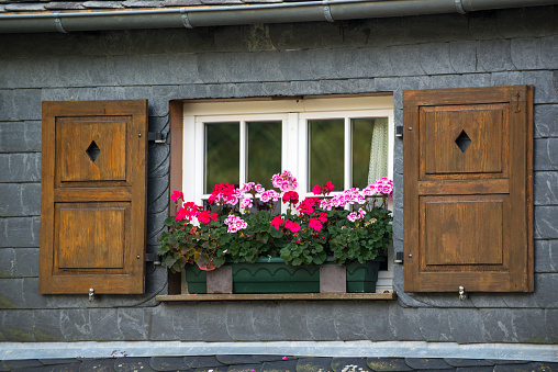 Old window with shutters and flower basket, Geranium flowers, Germany