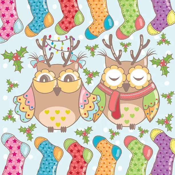 Vector illustration of Christmas card with owls and Christmas socks on a blue background