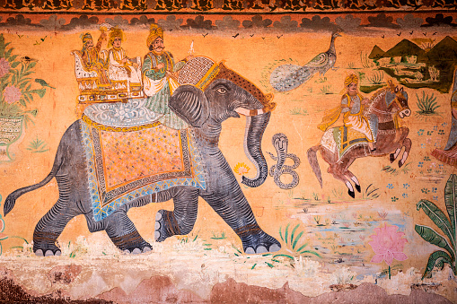 Ancient painting in Fort Pokaran. Build in the 14th century it was an important stop in the silk route to Persia