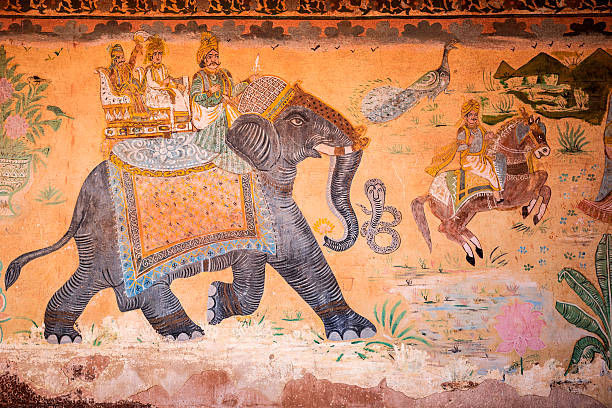 Maharaja on elephant ancient mural in Fort Pokaran India Ancient painting in Fort Pokaran. Build in the 14th century it was an important stop in the silk route to Persia maharadja stock pictures, royalty-free photos & images