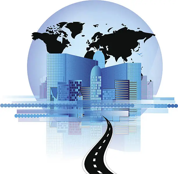 Vector illustration of Blue office skyline with road and world globe