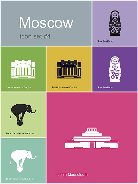 Icons of Moscow Landmarks of Moscow. Set of flat color icons in Metro style. Editable vector illustration. pushkin st petersburg stock illustrations