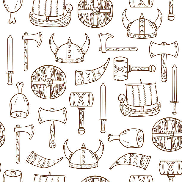 Seamless viking background Seamless background on viking theme with cartoon hand drawn objects riot shield illustrations stock illustrations