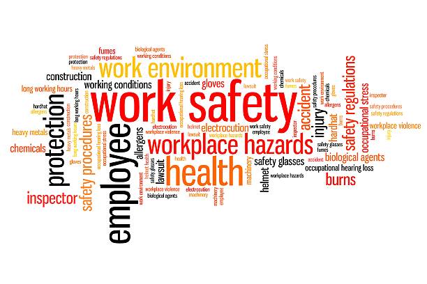 Safety at work Work safety issues and concepts word cloud illustration. Word collage concept. occupational safety and health stock illustrations