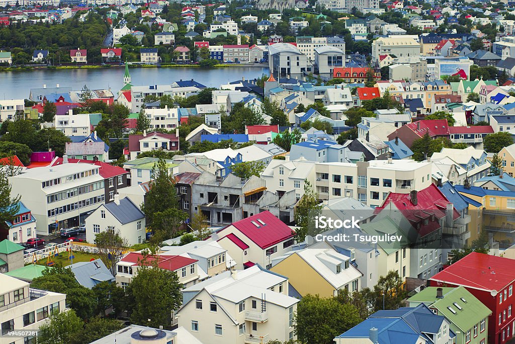 Beautiful wide-angle aerial view of Reykjavik, Iceland harbor and skyline IcelandIcelandIceland Aerial View Stock Photo