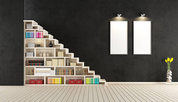 istock Modern black room with wooden staircase 494507335