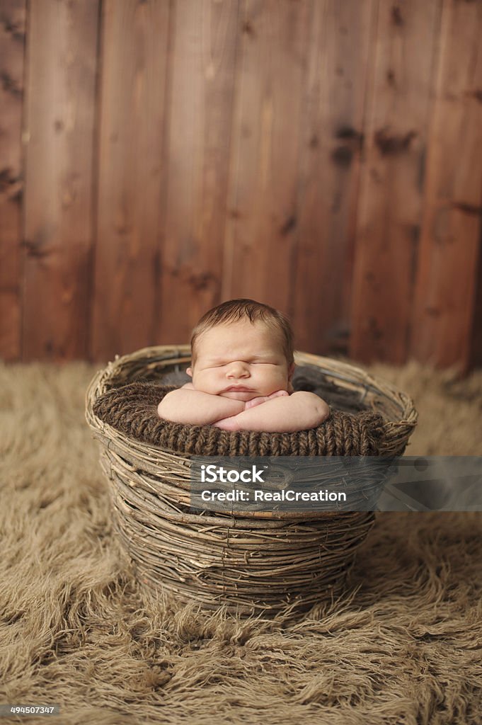 Sleeping Newborn Boy A newborn boy sleeping in a twig basket. Baby - Human Age Stock Photo