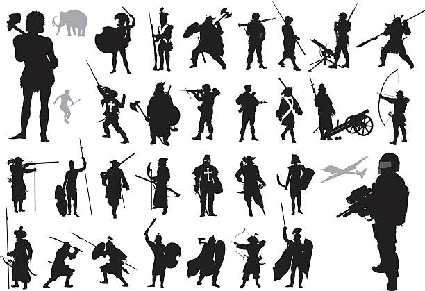 Warriors collection. Vector Ancient and modern warriors and soldiers high detailed silhouettes set. Vector warrior person stock illustrations