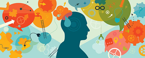 Intellectual Mind Horizontal Horizontal vector illustration is showing a thinking person. The man silhouette is placed into the centre of the illustration. All around silhouette there are different elements which are showing different processes and approaches while solving a problem. We can see the electric bulb a metaphor/symbol for new idea; puzzles for looking the right parts; ladders for improvement; gears and wheels for thinking; speech bubbles for different thoughts/ideas; arrows for directions of thinking; question mark for questioning and self verification; connectors for integration, water pipe for knowledge ect.  We can also see the mathematical sign for eternity or infinity, in this case a metaphor for something that seems like it will go on for forever. Illustration is vibrant and eye catching and also nicely layered. inside the mind stock illustrations