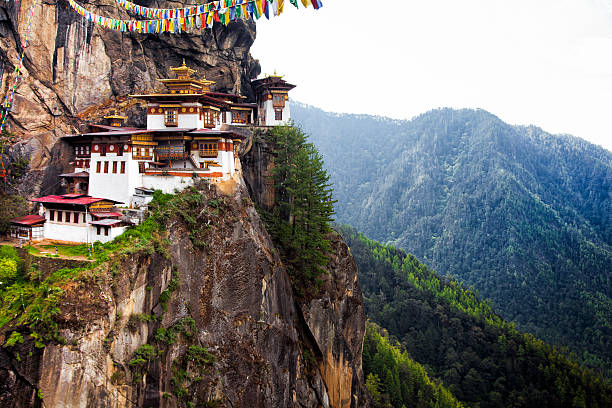 Tiger's Nest at Paro Bhutan Paro Taktsang is the popular name of Taktsang Palphug Monastery (also known as Tiger's Nest), a prominent Himalayan Buddhist sacred site and temple complex, located in the cliff side of the upper Paro valley, in Bhutan.  taktsang monastery photos stock pictures, royalty-free photos & images
