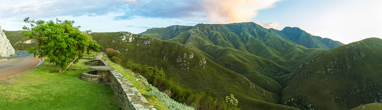 The Outeniqua Pass viewpoint of the mountain pass in the Western Cape, South Africa, with the N9/N12 national road through the Outeniqua Mountains north of George in the Northern Cape.
