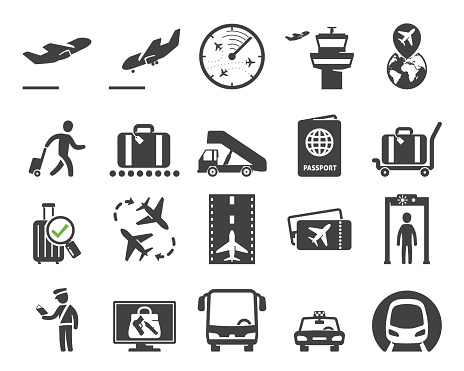 Airport icons set  wayfinding system pictograms