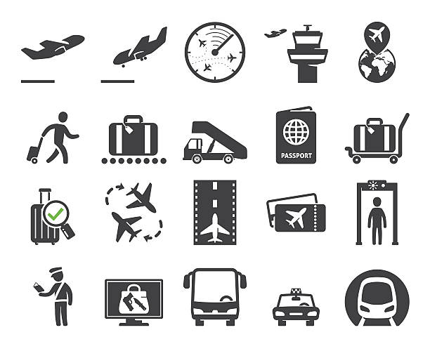 Airport icons set // 02 Airport icons set  wayfinding system pictograms airport icons stock illustrations