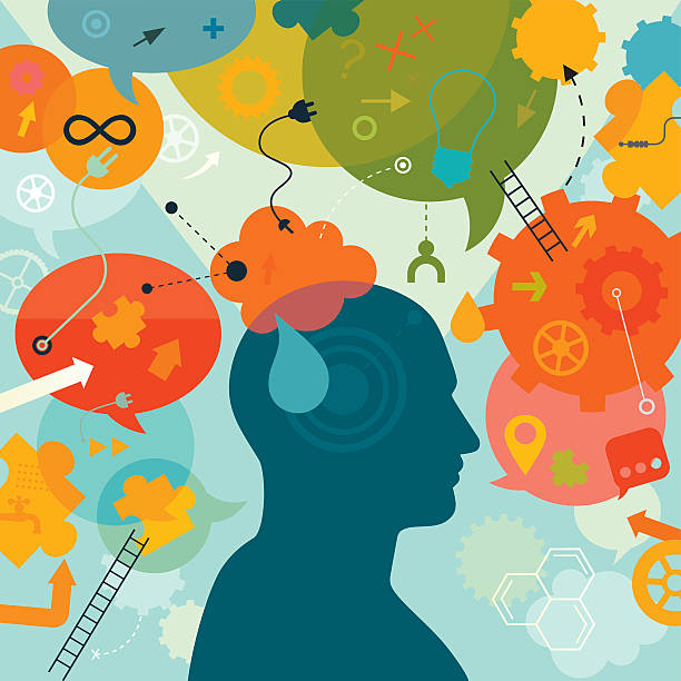 Intellectual Mind Vector illustration is showing a thinking person. The man silhouette is placed into the centre of illustration. All around man silhouette there are placed different elements which are showing different processes and approaches while solving a problem. We can see the electric bulb a metaphor/symbol for new idea; puzzles for looking the right parts; ladders for improvement; gears and wheels for thinking; speech bubbles for different thoughts/ideas; arrows for directions of thinking; question mark for questioning and self verification; connectors for integration, water pipe for knowledge ect. We can also see the mathematical sign for eternity or infinity, in this case a metaphor for something that seems like it will go on for forever. Illustration is vibrant and eye catching and also nicely layered. question mark people one person silhouette stock illustrations