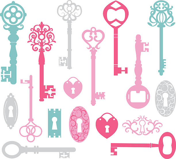 illustrazioni stock, clip art, cartoni animati e icone di tendenza di tasti vintage silhouette.pink, blu, grigio. - skeleton key