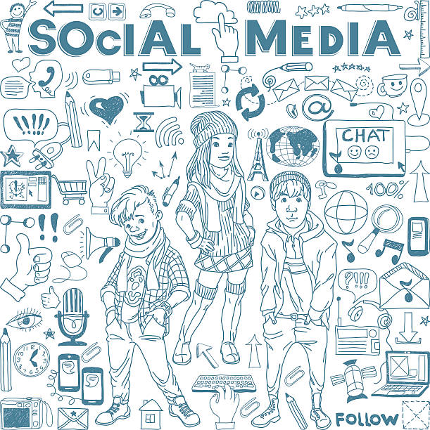 Social media icons set An extensive series of vector illustrations of three teenagers and many social media signs, symbols and doodle icons in a hand-drawn style. Dozens of illustrations are scattered throughout the entirety of the image, and all drawings are done in bluish-gray lines over a solid white background. Two teenage boys are positioned on each side of a teenage girl in the center of the drawings. "SOCIAL MEDIA" is featured at the top center in a large, wide font. Some of the icons included are pencils, envelopes, cell phones, a microphone, clocks, a digital camera, a pointing hand icon and a coffee cup. teenager doodle stock illustrations
